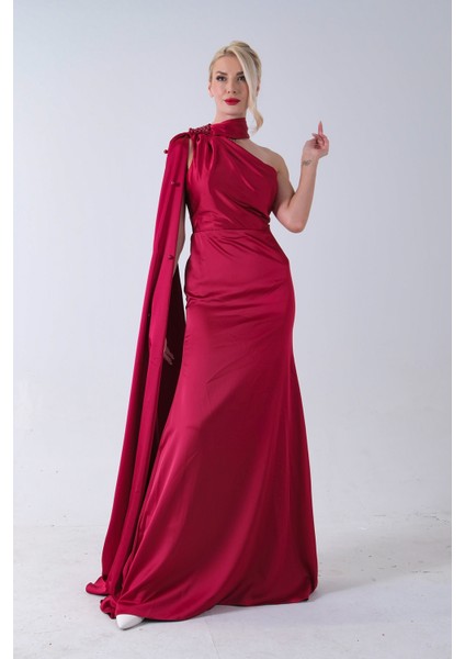 Kırmızı Yaka Kuşak Detaylı Tek Omuz Abiye 0801099.08 fırsatları