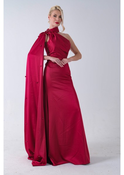 Kırmızı Yaka Kuşak Detaylı Tek Omuz Abiye 0801099.08