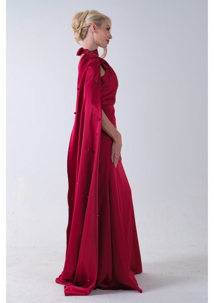 Kırmızı Yaka Kuşak Detaylı Tek Omuz Abiye 0801099.08