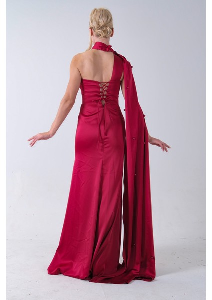 Kırmızı Yaka Kuşak Detaylı Tek Omuz Abiye 0801099.08