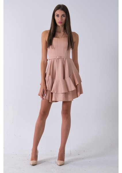 Bej Ip Askılı Bel Kemer Bağlamalı Mini Boy Abiye 0802004.55