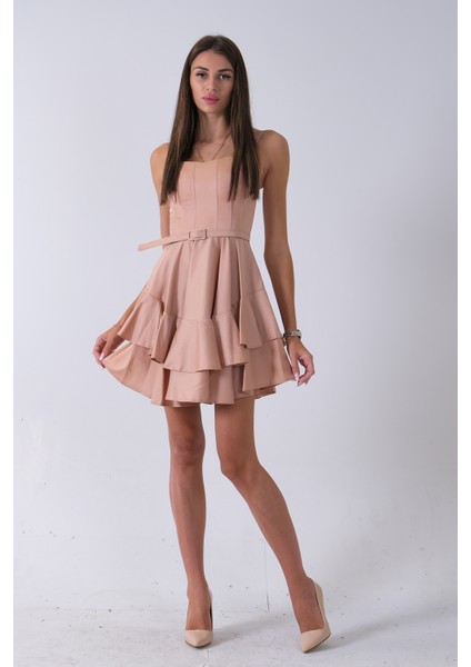 Bej Ip Askılı Bel Kemer Bağlamalı Mini Boy Abiye 0802004.55 fiyatları