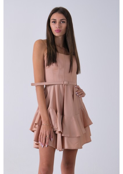 Bej Ip Askılı Bel Kemer Bağlamalı Mini Boy Abiye 0802004.55 fırsatları