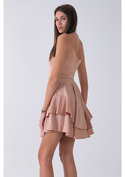 Bej Ip Askılı Bel Kemer Bağlamalı Mini Boy Abiye 0802004.55 indirimleri