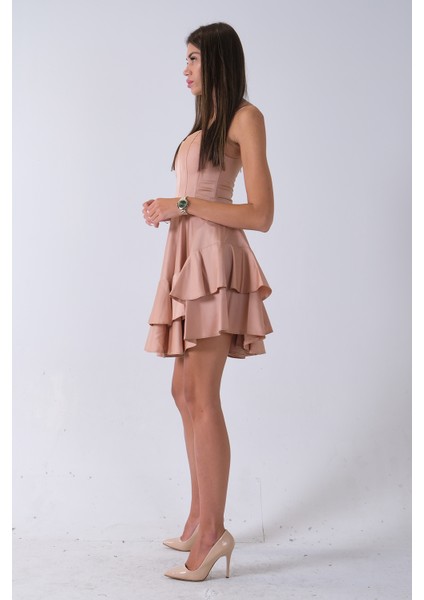 Bej Ip Askılı Bel Kemer Bağlamalı Mini Boy Abiye 0802004.55