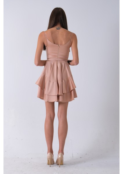 Bej Ip Askılı Bel Kemer Bağlamalı Mini Boy Abiye 0802004.55