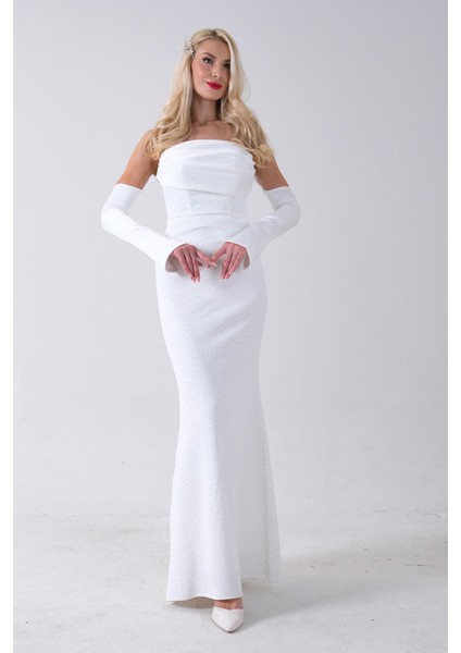 Beyaz Drapeli Üzeri Işıltı Nokta Detaylı Kollu Abiye 0802502.15