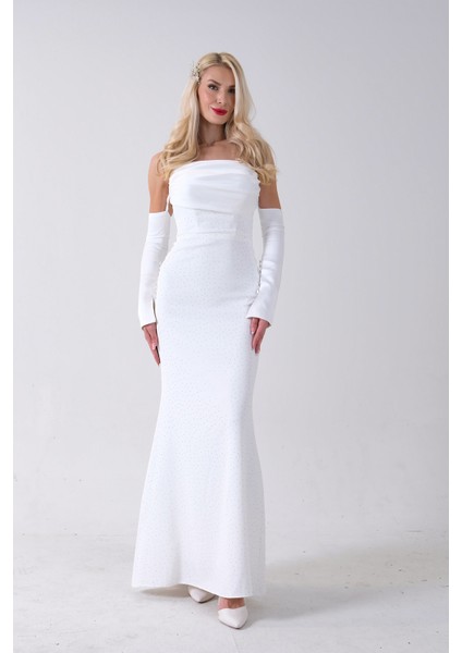 Beyaz Drapeli Üzeri Işıltı Nokta Detaylı Kollu Abiye 0802502.15 fiyatları