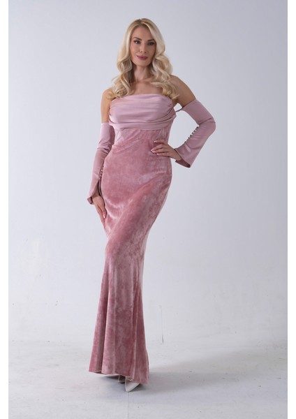 Pudra Drapeli Takma Kol Detaylı Kadife Abiye 0801068.79