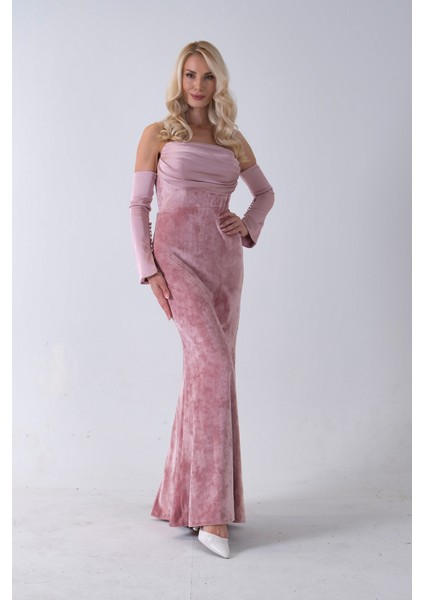 Pudra Drapeli Takma Kol Detaylı Kadife Abiye 0801068.79 fiyatları