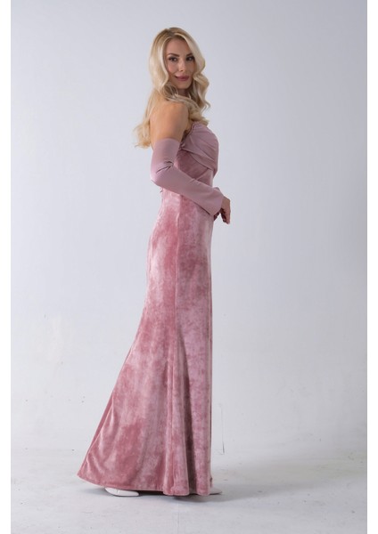 Pudra Drapeli Takma Kol Detaylı Kadife Abiye 0801068.79 fırsatları