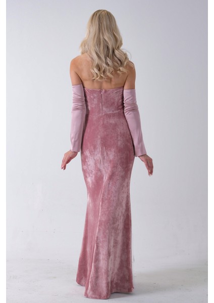 Pudra Drapeli Takma Kol Detaylı Kadife Abiye 0801068.79 indirimleri