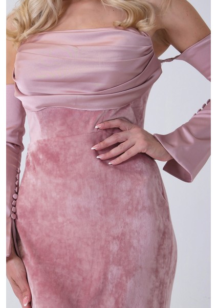 Pudra Drapeli Takma Kol Detaylı Kadife Abiye 0801068.79