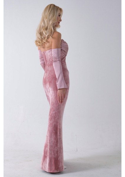 Pudra Drapeli Takma Kol Detaylı Kadife Abiye 0801068.79