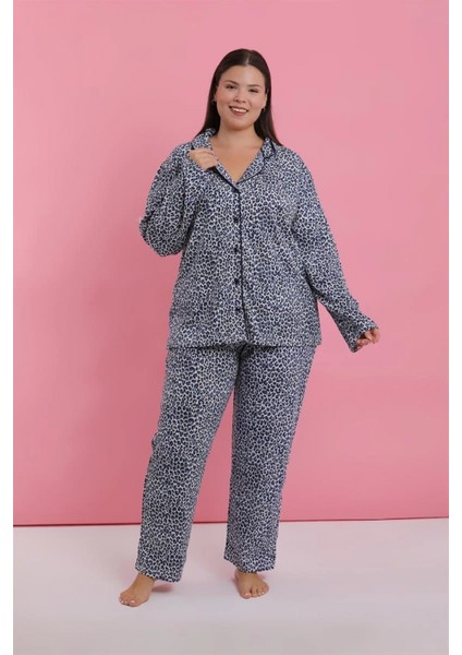 Kadın Büyük Beden Mavi Leopar Desenli Düğmeli Pijama Takımı fiyatları
