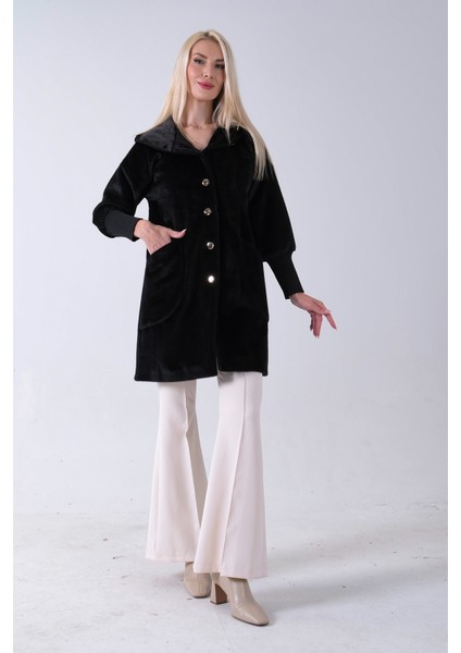 Siyah 2 Torba Cep Kapüşonlu Düğme Kapamalı Bileği Lastikli Peluş Kaban 41630062.01