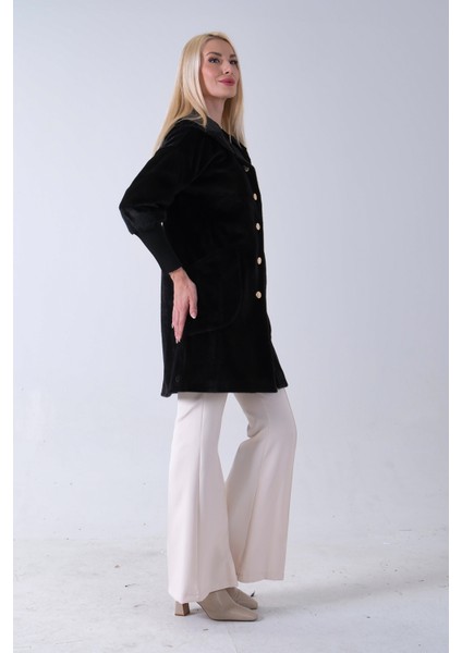 Siyah 2 Torba Cep Kapüşonlu Düğme Kapamalı Bileği Lastikli Peluş Kaban 41630062.01 modelleri