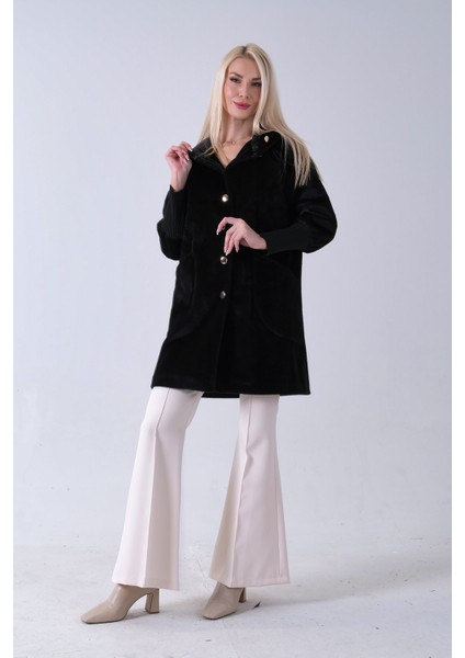 Siyah 2 Torba Cep Kapüşonlu Düğme Kapamalı Bileği Lastikli Peluş Kaban 41630062.01