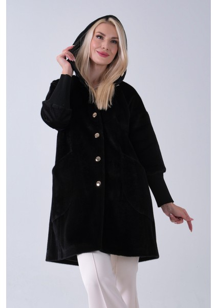 Siyah 2 Torba Cep Kapüşonlu Düğme Kapamalı Bileği Lastikli Peluş Kaban 41630062.01