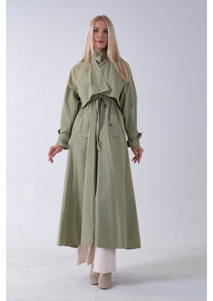 Yeşil Belden Bağlama Detaylı Yandan Cepli Uzun Trenç 422237.07
