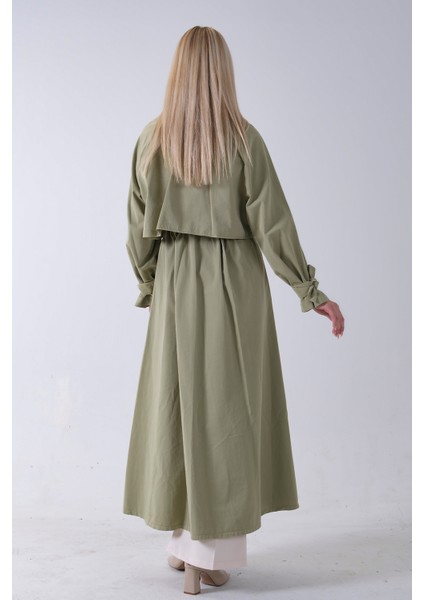 Yeşil Belden Bağlama Detaylı Yandan Cepli Uzun Trenç 422237.07 fırsatları