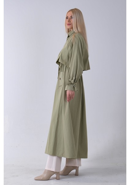 Yeşil Belden Bağlama Detaylı Yandan Cepli Uzun Trenç 422237.07 indirimleri
