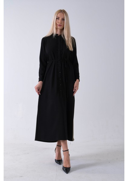 Siyah Belden Bağlamalı Yaka Fırfır Detaylı Düğme Kapamalı Elbise 4571574.01