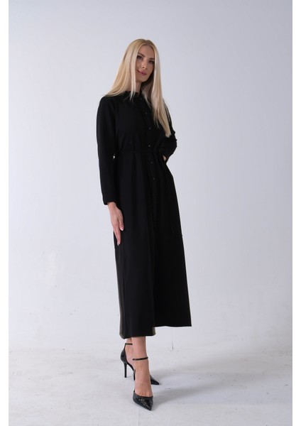 Siyah Belden Bağlamalı Yaka Fırfır Detaylı Düğme Kapamalı Elbise 4571574.01 modelleri