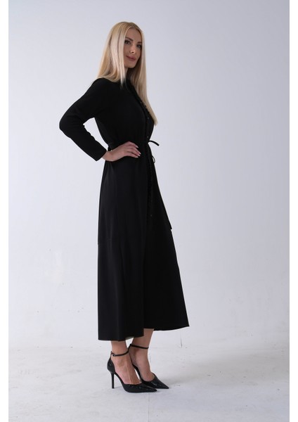 Siyah Belden Bağlamalı Yaka Fırfır Detaylı Düğme Kapamalı Elbise 4571574.01 fırsatları