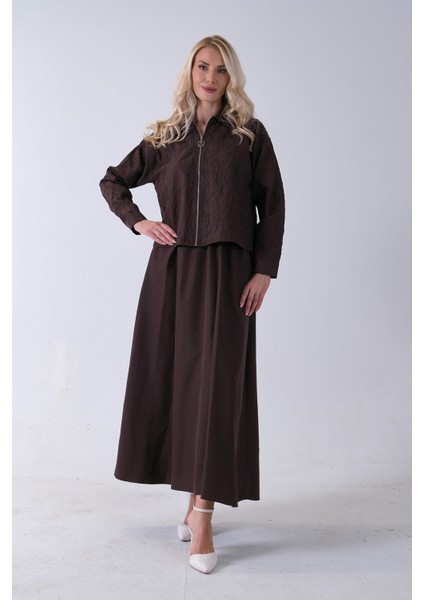 Kahve Fermuar Kapamalı Ceket Üzeri Desenli Etekli Takım 4577259.05