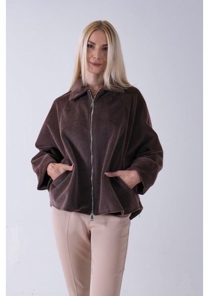 Kahve Ön Fermuarlı Yarasa Kol Detaylı Yün Kısa Ceket 3971215.05