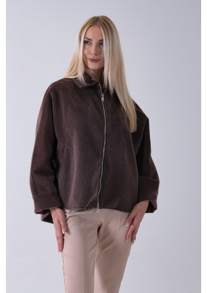 Kahve Ön Fermuarlı Yarasa Kol Detaylı Yün Kısa Ceket 3971215.05 fırsatları