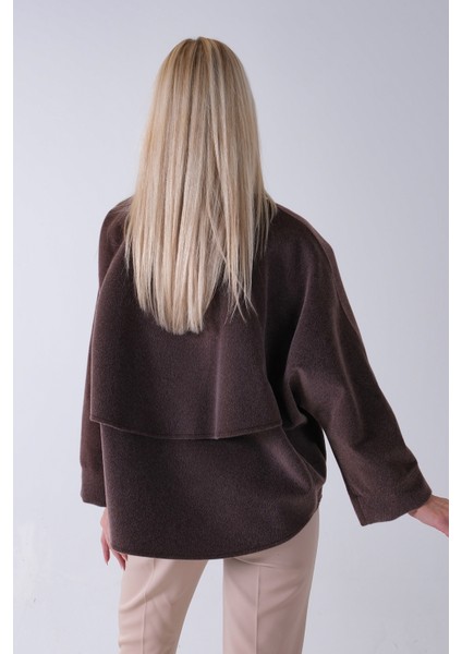 Kahve Ön Fermuarlı Yarasa Kol Detaylı Yün Kısa Ceket 3971215.05