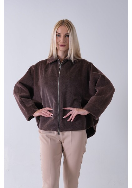 Kahve Ön Fermuarlı Yarasa Kol Detaylı Yün Kısa Ceket 3971215.05