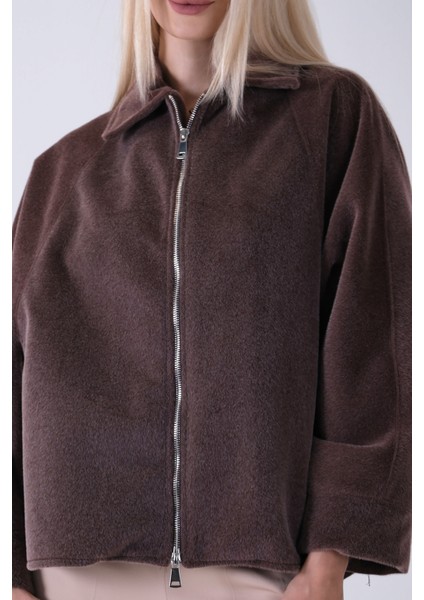 Kahve Ön Fermuarlı Yarasa Kol Detaylı Yün Kısa Ceket 3971215.05