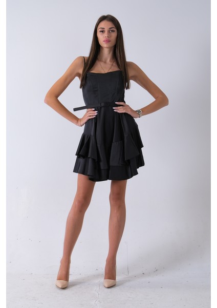Siyah Ip Askılı Bel Kemer Bağlamalı Mini Boy Abiye 0802004.01