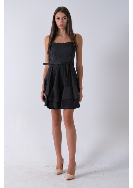 Siyah Ip Askılı Bel Kemer Bağlamalı Mini Boy Abiye 0802004.01 modelleri