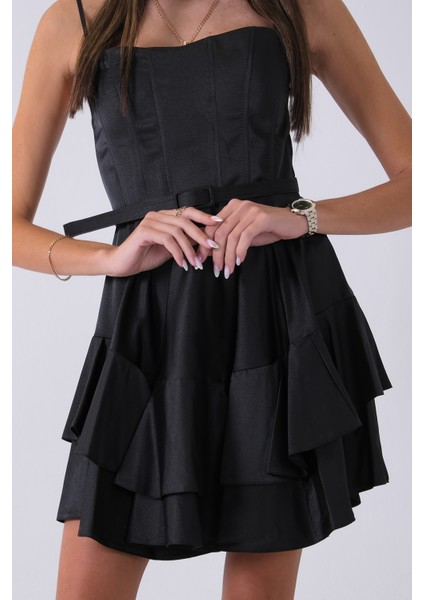 Siyah Ip Askılı Bel Kemer Bağlamalı Mini Boy Abiye 0802004.01