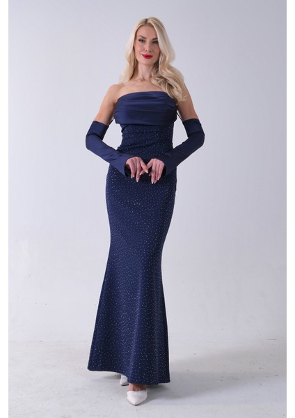 Lacivert Drapeli Üzeri Işıltı Nokta Detaylı Kollu Abiye 0802502.02