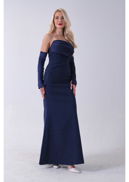 Lacivert Drapeli Üzeri Işıltı Nokta Detaylı Kollu Abiye 0802502.02 modelleri