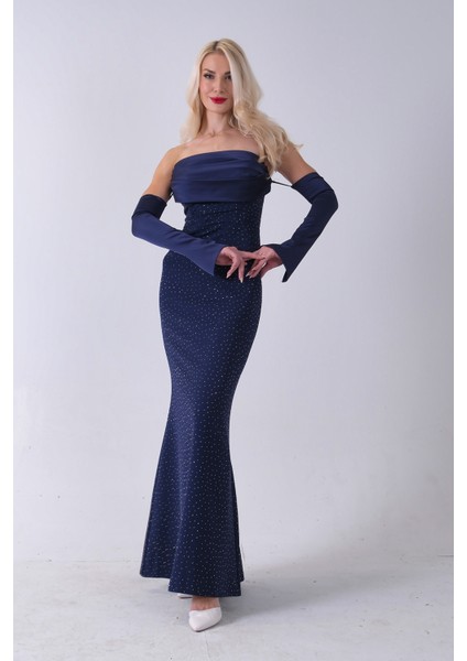 Lacivert Drapeli Üzeri Işıltı Nokta Detaylı Kollu Abiye 0802502.02