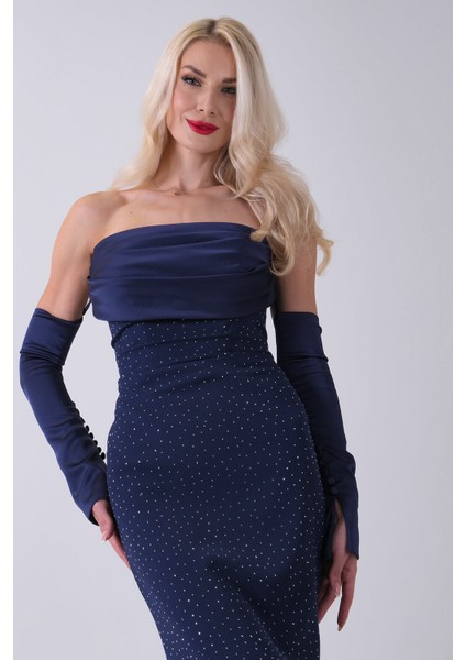 Lacivert Drapeli Üzeri Işıltı Nokta Detaylı Kollu Abiye 0802502.02