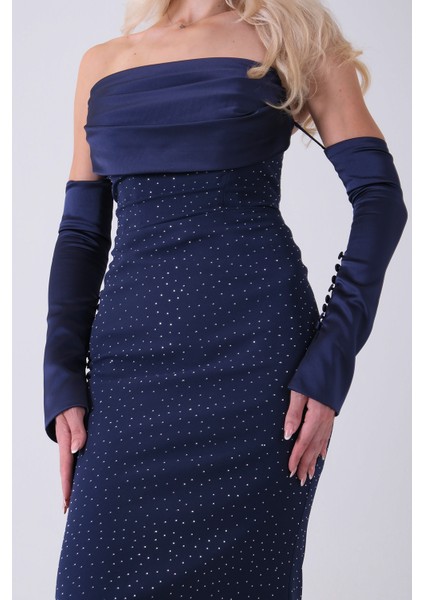 Lacivert Drapeli Üzeri Işıltı Nokta Detaylı Kollu Abiye 0802502.02