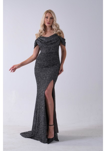 Gri Düşük Omuz Yırtmaç Detaylı Pul Payet Abiye 9705646.06 fırsatları