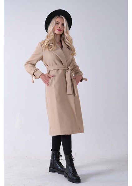 Bej Kol Bağlamalı Seyyar Kuşaklı Uzun Kaşe Kaban 41630051.55 fırsatları