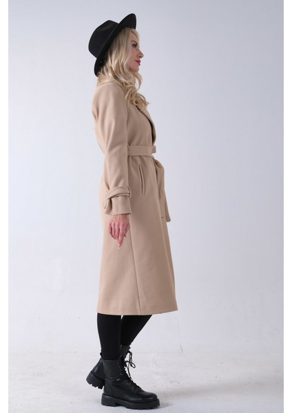 Bej Kol Bağlamalı Seyyar Kuşaklı Uzun Kaşe Kaban 41630051.55 indirimleri