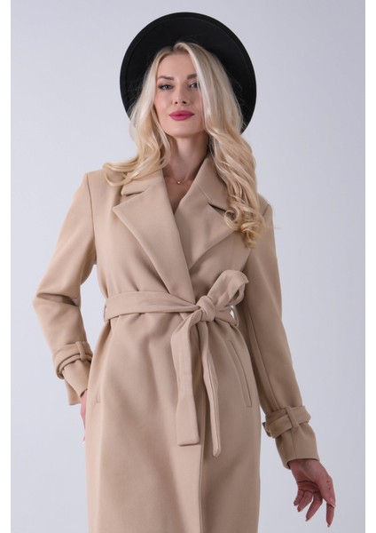Bej Kol Bağlamalı Seyyar Kuşaklı Uzun Kaşe Kaban 41630051.55