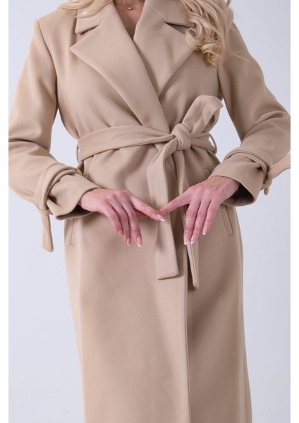 Bej Kol Bağlamalı Seyyar Kuşaklı Uzun Kaşe Kaban 41630051.55