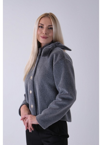 Gri Omuz Fiyonk Detaylı Düğme Kapamalı Kaşe Ceket 41630060.06