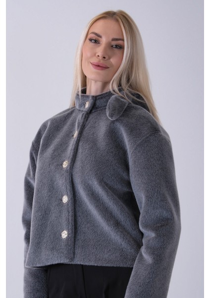 Gri Omuz Fiyonk Detaylı Düğme Kapamalı Kaşe Ceket 41630060.06